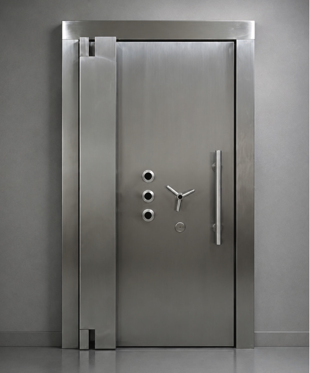 Saphire stainless-steel vault door with three combination locks and handle